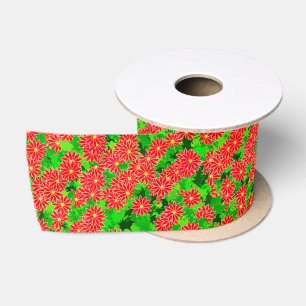 Red Poinsettias and Green Holly Satin Ribbon