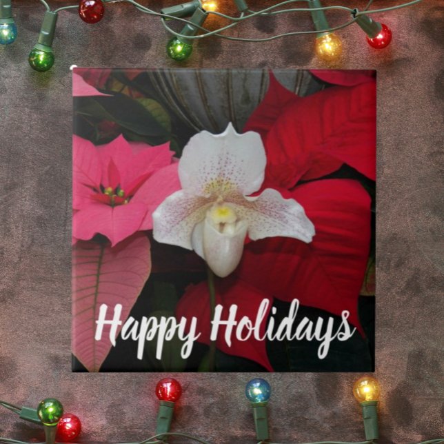 Red Poinsettias and Lady Slipper Orchid Holiday Ceramic Tile (In Situ Holiday)