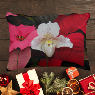Red Poinsettias and Lady Slipper Orchid Holiday Decorative Cushion