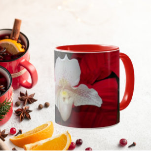 Red Poinsettias and Lady Slipper Orchid Holiday Mug