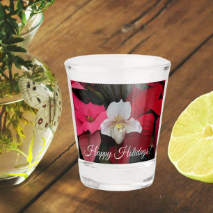 Red Poinsettias and Lady Slipper Orchid Holiday Shot Glass