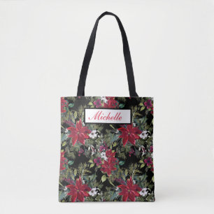 Red Poinsettias and White Flowers on Black Tote Bag