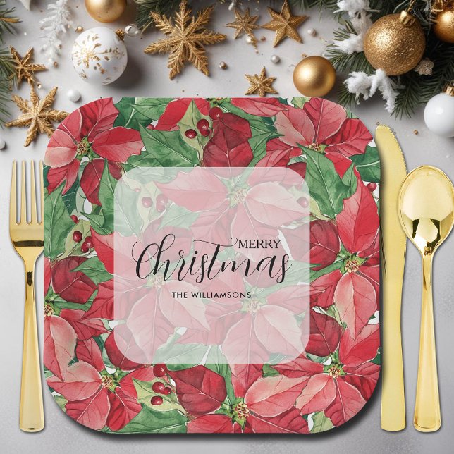 Red Poinsettias Christmas Paper Plate (Red Poinsettias Christmas Square Paper Plates)