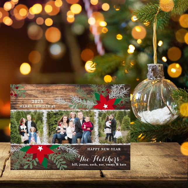 Red Poinsettias Dark Wood Merry Christmas Card (Creator Uploaded)