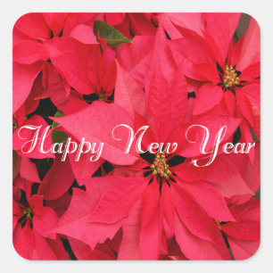Red Poinsettias Flowers Floral Happy New Year Square Sticker