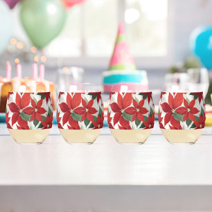 Red Poinsettias Flowers  Stemless Wine Glass