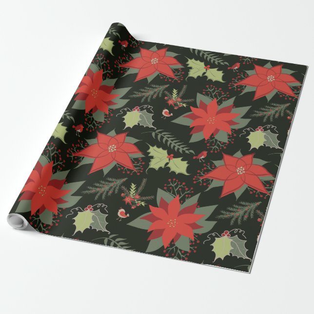 Red Poinsettias Green Holly Christmas Wrapping Paper (Unrolled)