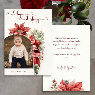 Red Poinsettias Happy Holidays Script Arch Photo  Holiday Card