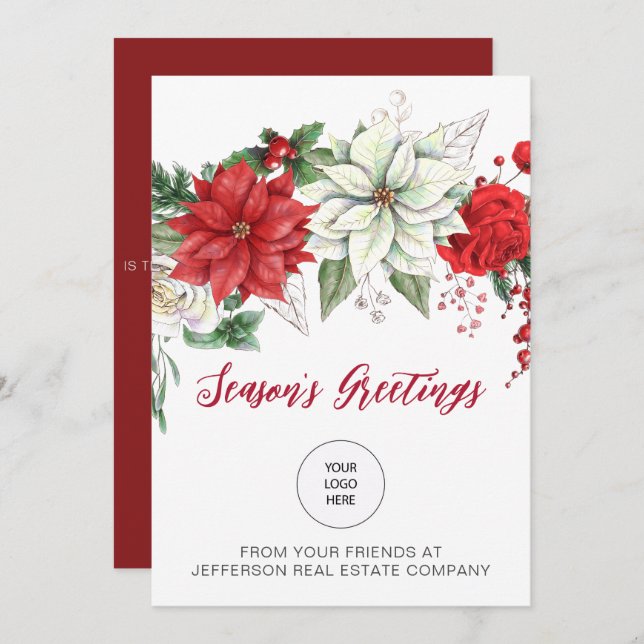 Red Poinsettias Holly Company Logo Business  Holiday Card (Front/Back)