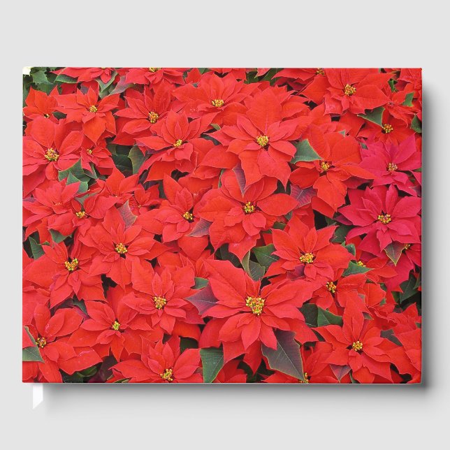 Red Poinsettias I Christmas Holiday Floral Photo Guest Book (Front)