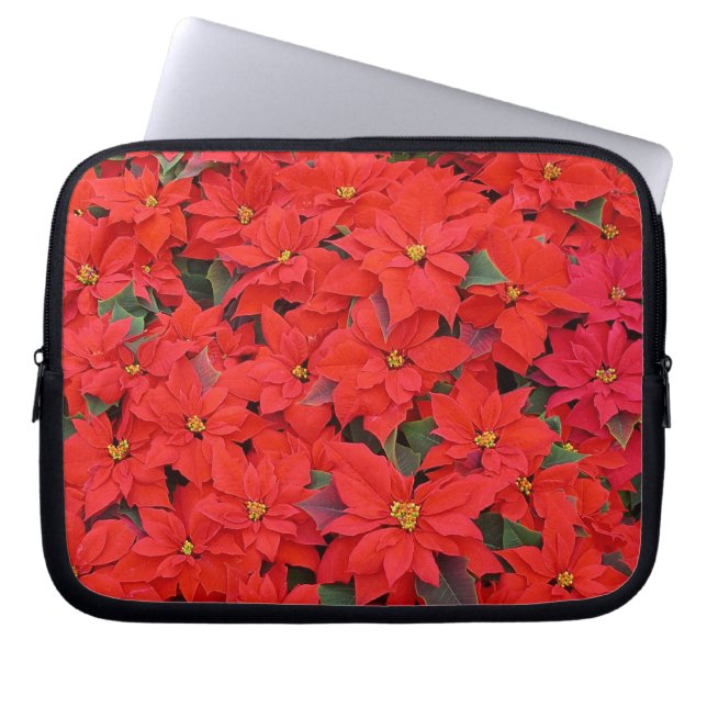 Red Poinsettias I Christmas Holiday Floral Photo Laptop Sleeve (Front)