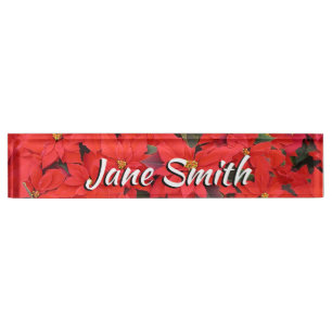Red Poinsettias I Christmas Holiday Floral Photo Nameplate