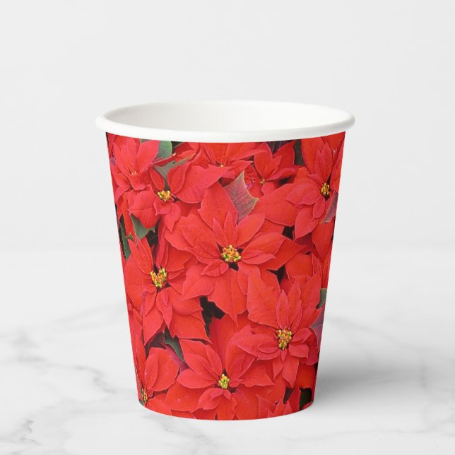 Red Poinsettias I Christmas Holiday Floral Photo Paper Cups (Front)