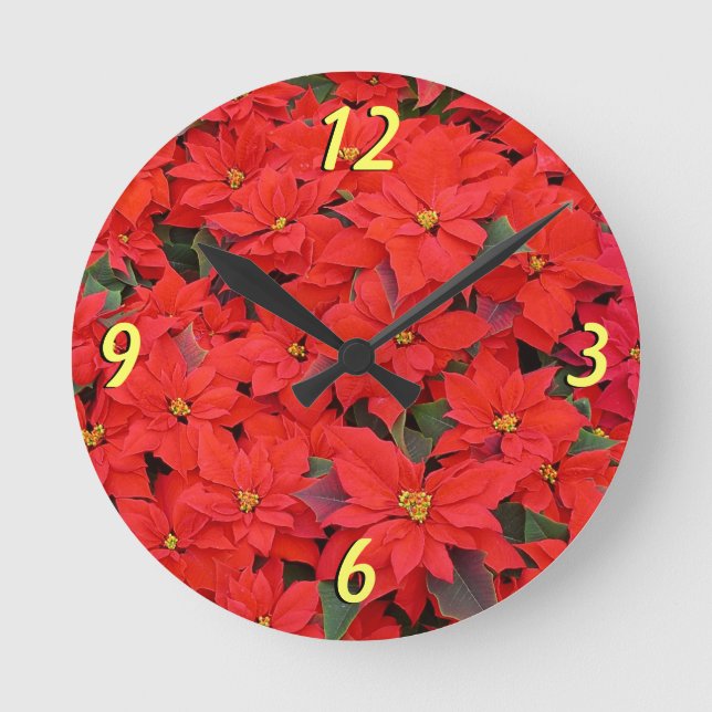 Red Poinsettias I Christmas Holiday Floral Photo Round Clock (Front)