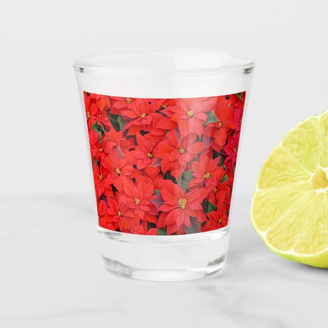 Red Poinsettias I Christmas Holiday Floral Photo Shot Glass (Front)