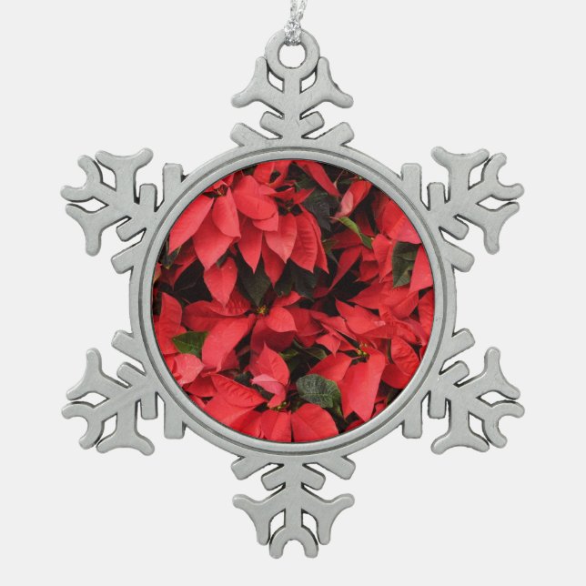 Red Poinsettias II Christmas Holiday Floral Snowflake Pewter Christmas Ornament (Front)