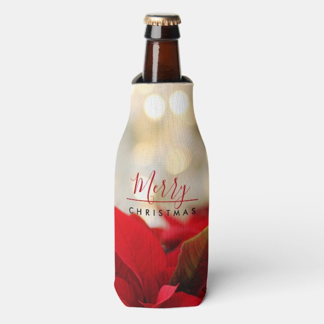 Red Poinsettias Merry Christmas Bokeh Lights Bottle Cooler (Bottle Front)