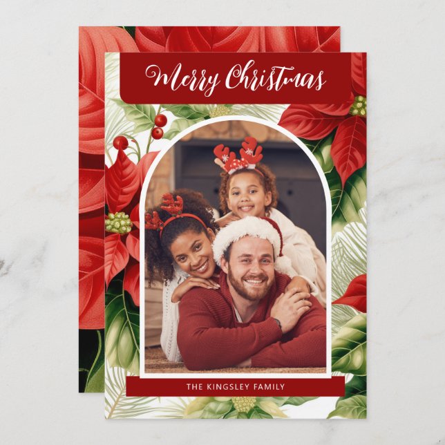 Red Poinsettias Merry Christmas Personalised Photo Holiday Card (Front/Back)