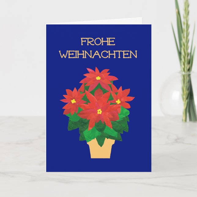 Red Poinsettias on Blue German Language Greeting Holiday Card (Front)
