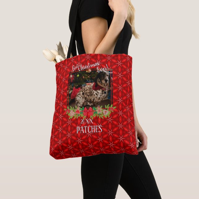 Red Poinsettias Pet Photo Best Christmas Ever Tote Bag (Close Up)