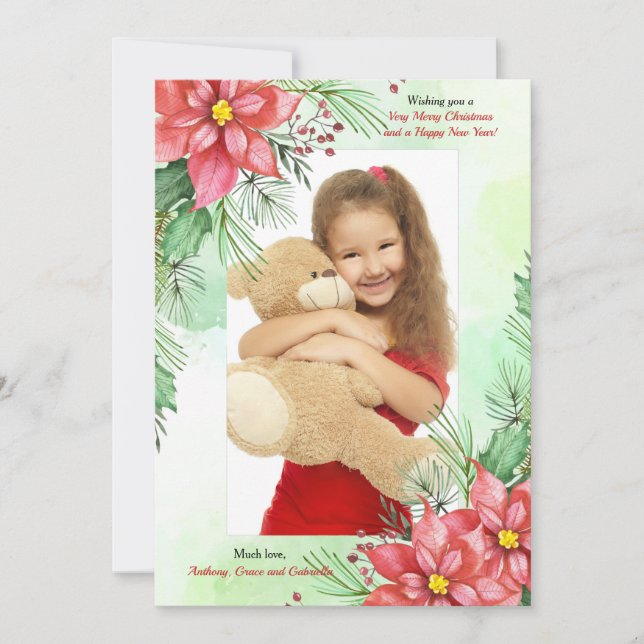 Red Poinsettias Photo Frame Holiday Card (Front)