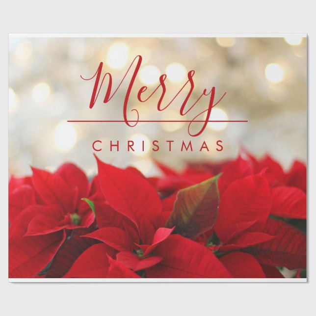 Red Poinsettias Photo Merry Christmas Typography Wrapping Paper (Flat)