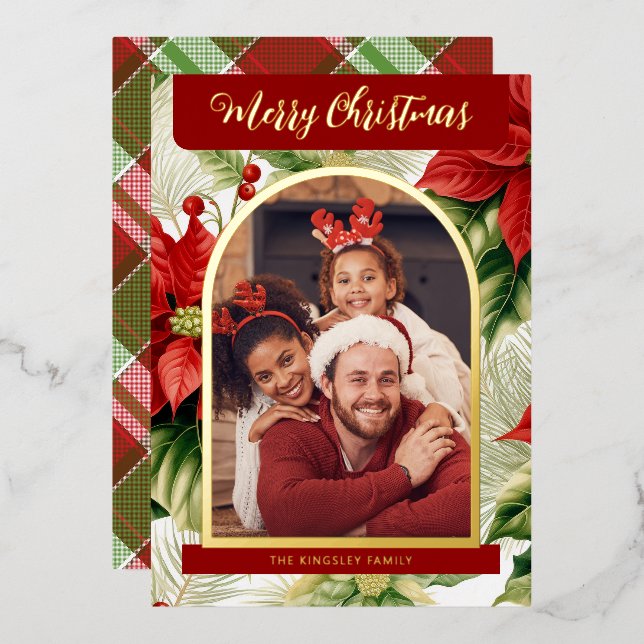 Red Poinsettias Plaid Christmas Photo Foil Holiday Card (Front/Back)