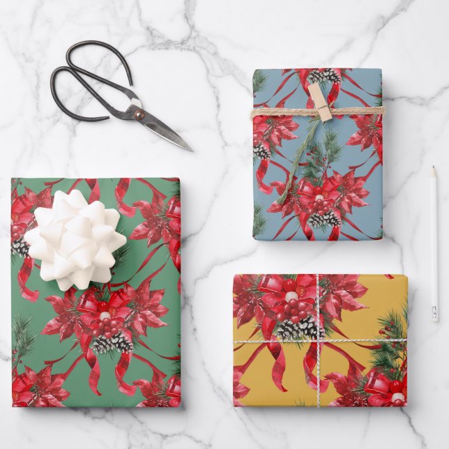 Red Poinsettias Ribbon Bows Lattice Green Red Gold Wrapping Paper Sheet (Front)