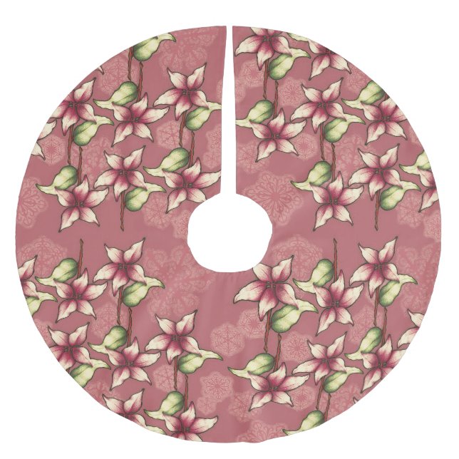 Red Poinsettias & Snowflakes Christmas Winter Brushed Polyester Tree Skirt (Front)