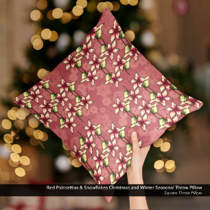 Red Poinsettias & Snowflakes Christmas Winter Cushion