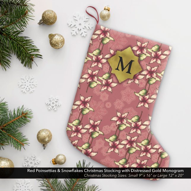 Red Poinsettias & Snowflakes Gold Monogram Small Christmas Stocking (Red Poinsettias & Snowflakes Christmas Stocking with Distressed Gold Monogram)