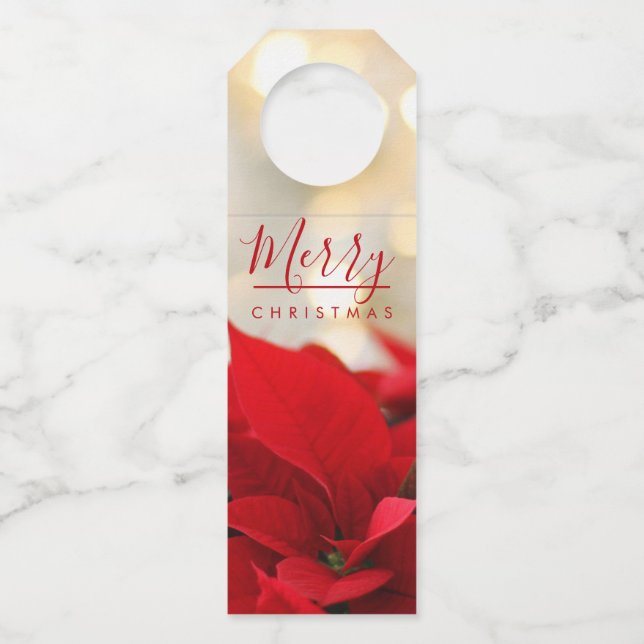 Red Poinsettias with Golden Bokeh Christmas Bottle Tag (Front)