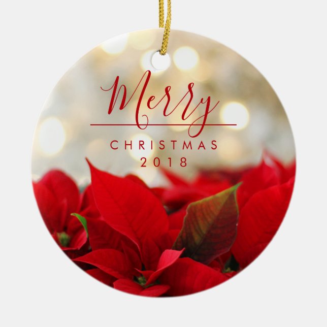 Red Poinsettias with Golden Bokeh Christmas Ceramic Ornament (Front)
