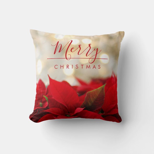 Red Poinsettias with Golden Bokeh Christmas Cushion (Front)