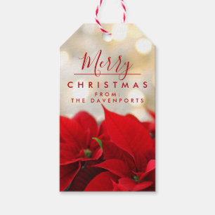 Red Poinsettias with Golden Bokeh Christmas Gift Tags