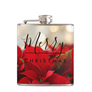 Red Poinsettias with Golden Bokeh Christmas Hip Flask