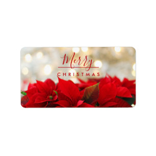 Red Poinsettias with Golden Bokeh Christmas Label