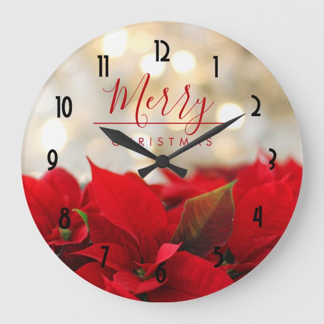 Red Poinsettias with Golden Bokeh Christmas Large Clock (Front)