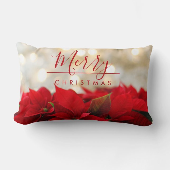 Red Poinsettias with Golden Bokeh Christmas Lumbar Cushion (Front)