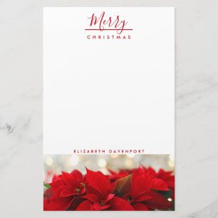Red Poinsettias with Golden Bokeh Christmas Stationery