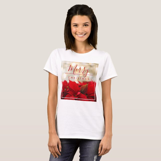 Red Poinsettias with Golden Bokeh Christmas T-Shirt (Front Full)