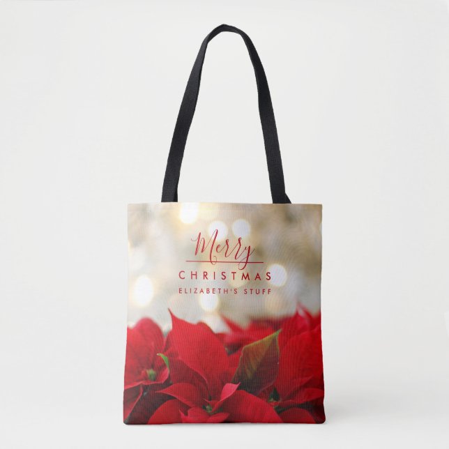Red Poinsettias with Golden Bokeh Christmas Tote Bag (Front)