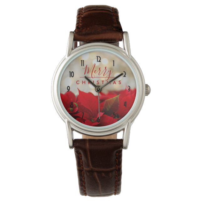 Red Poinsettias with Golden Bokeh Christmas Watch (Front)