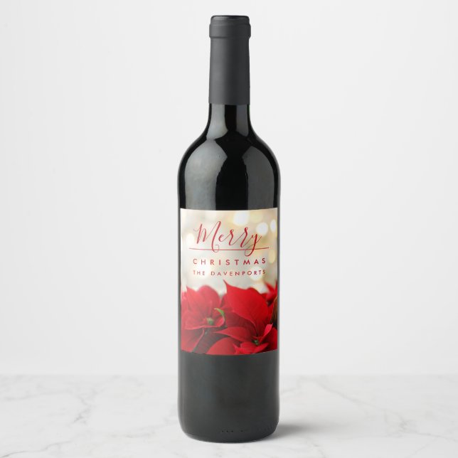 Red Poinsettias with Golden Bokeh Christmas Wine Label (Front)