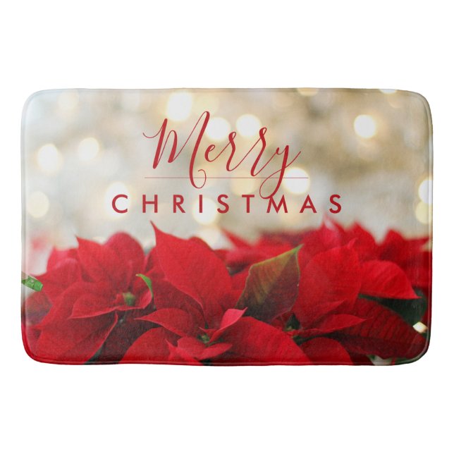 Red Poinsettias with Golden Bokeh Merry Christmas Bath Mat (Front)