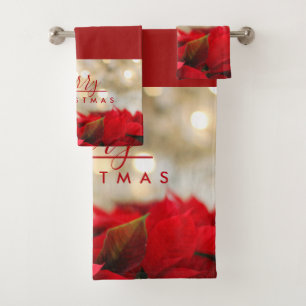 Red Poinsettias with Golden Bokeh Merry Christmas Bath Towel Set