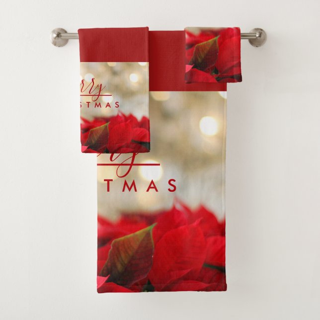 Red Poinsettias with Golden Bokeh Merry Christmas Bath Towel Set (Insitu)