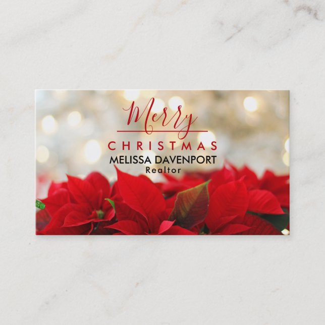 Red Poinsettias with Golden Bokeh Merry Christmas Business Card (Front)