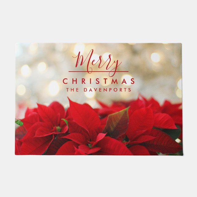 Red Poinsettias with Golden Bokeh Merry Christmas Doormat (Front)