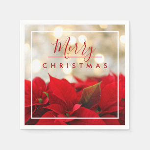 Red Poinsettias with Golden Bokeh Merry Christmas Napkin